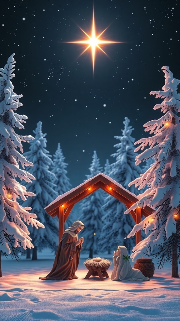 A nativity scene with soft lights and snow, representing the spirit of Christmas.